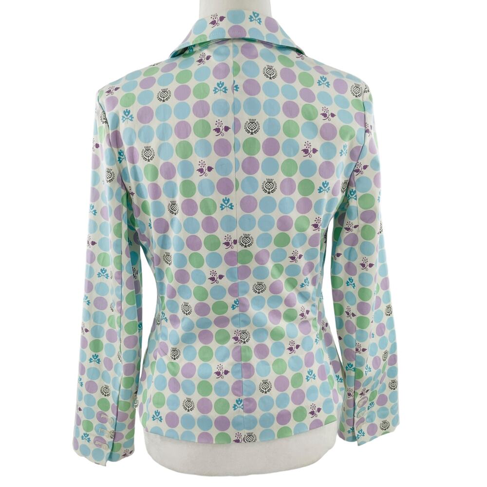 Gene Meyer Blue Purple Green Polka Dot Ditsy Floral Cotton Cropped Blazer 4 - Picture 3 of 12
